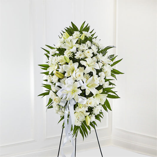 Exquisite Tribute Standing Spray-White Ribbon – Precious Flowers And Gifts, Ceres CA