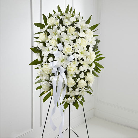 Exquisite Tribute Standing Spray-White Ribbon –  Precious Flowers And Gifts, Ceres CA